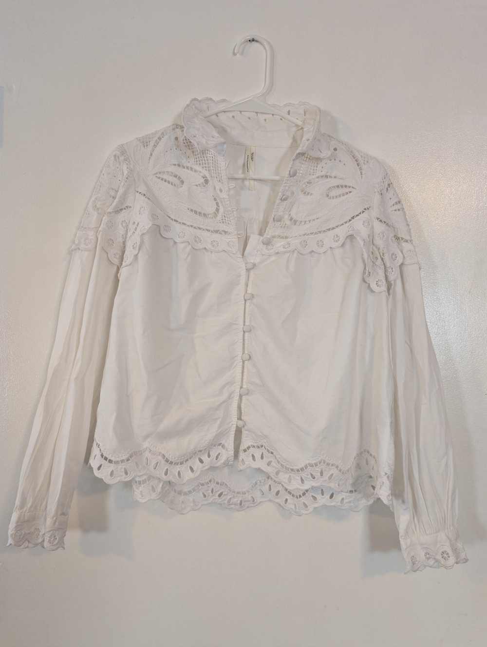 Anthropologie White Lace Trim Button-Front Women's Blouse